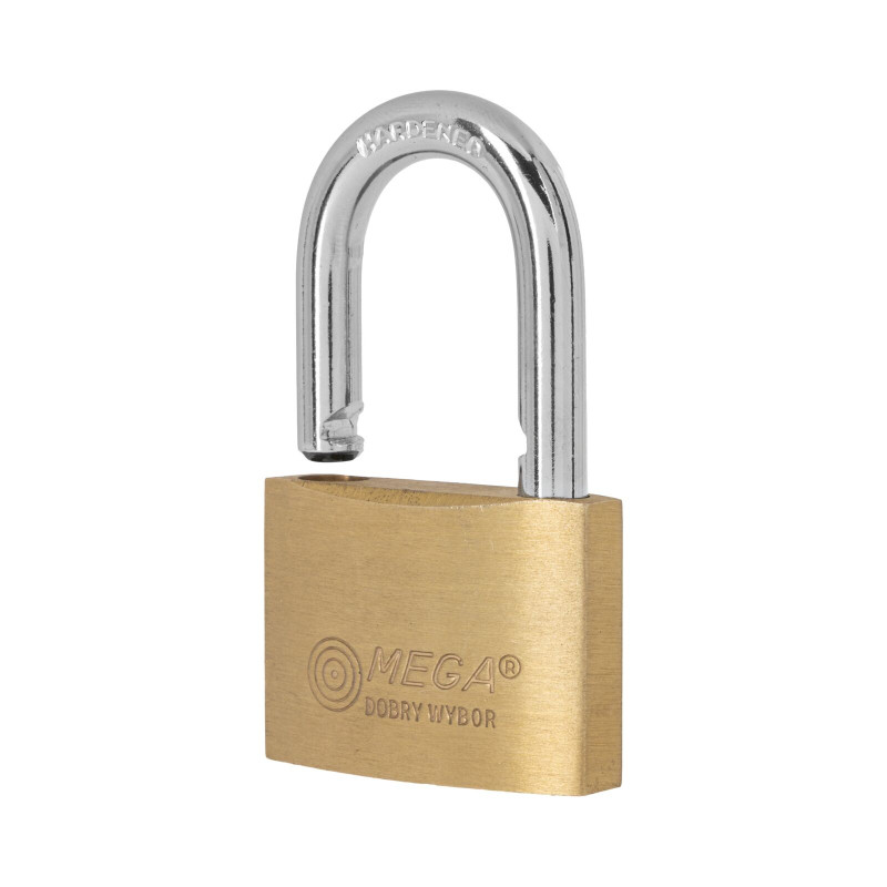 BRASS PADLOCK 32MM. THICK TYPE. HARDENED CHROME PLATED SHACKLE. 3 BRASS KEYS. (butiksförp.) BRASS PADLOCK 32MM. THICK TYPE. HARDENED CHROME PLATED SHACKLE. 3 BRASS KEYS. (butiksförp.)