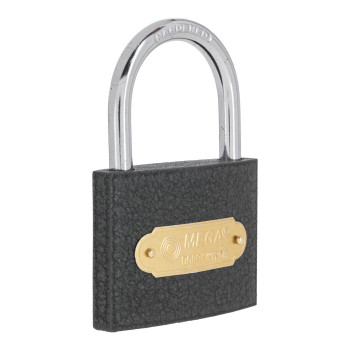 GREY CASTING IRON PADLOCK 32 MM HEAVY TYPE. CHROME PLATED HARDENED SHACKLE 3 KEYS. (butiksförp.) GREY CASTING IRON PADLOCK 32 MM HEAVY TYPE. CHROME PLATED HARDENED SHACKLE 3 KEYS. (butiksförp.)