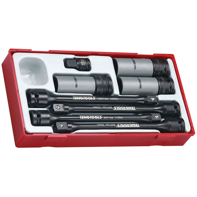 Momenthylssats 3/8", 1/2" 17-19-21 mm, 8 delar (slaghylsor) med torsionsstavar 90-140Nm, hjulmutterhylsor m.m. Teng Tools Momenthylssats 3/8", 1/2" 17-19-21 mm, 8 delar (slaghylsor) med torsionsstavar 90-140Nm, hjulmutterhylsor m.m. Teng Tools