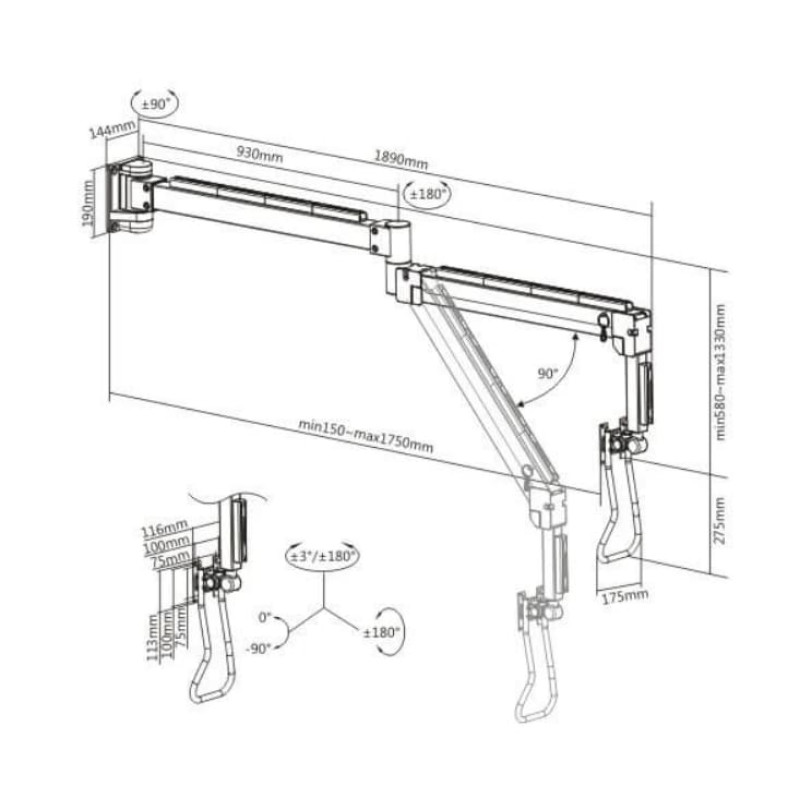Monitorarm, roterande skärmhållare, lång skärmarm justerbar, väggfäste 178cm, Spacetronik Monitorarm, roterande skärmhållare, lång skärmarm justerbar, väggfäste 178cm, Spacetronik