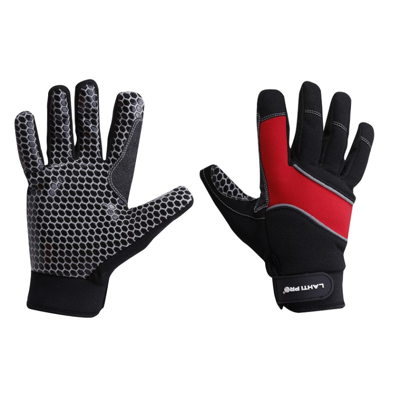 Handskar för mekaniker, st. 8, glidskydd, svart-röda med reflex, mikrofiber, polyester, silikon, PVC, CE, EN 420, LahtiPro L2811 Handskar för mekaniker, st. 8, glidskydd, svart-röda med reflex, mikrofiber, polyester, silikon, PVC, CE, EN 420, LahtiPro L2811