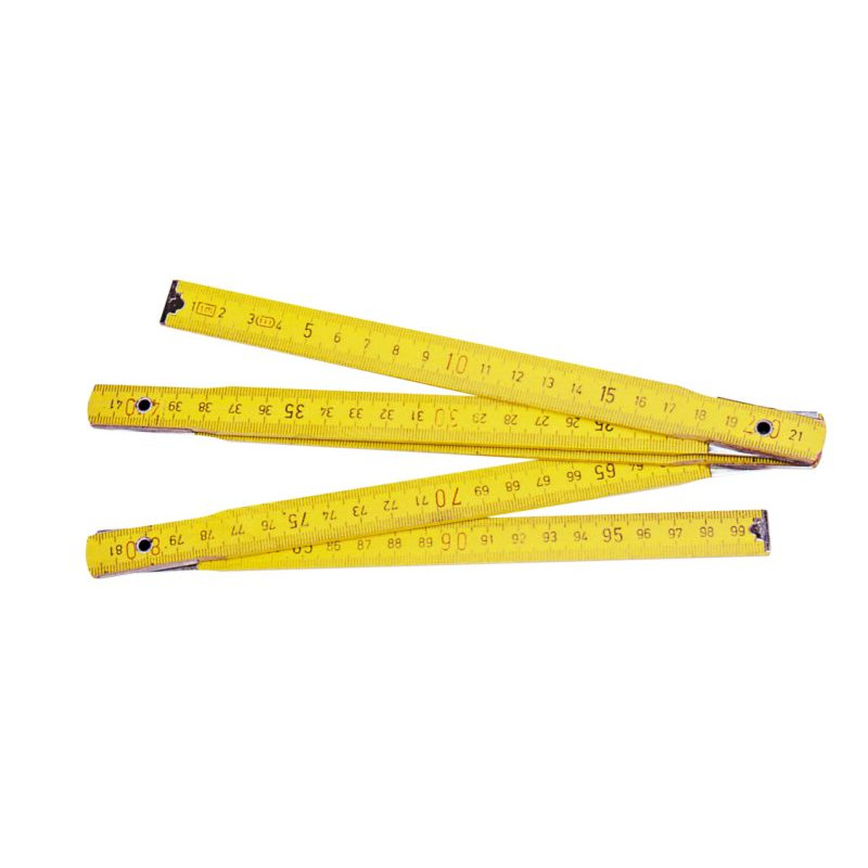 Tummstock av trä, extra hållbar, 2M, 10 delad, ljus gul, tumm och mm, svart skala, röda markeringar var 10 cm, metallkant Tummstock av trä, extra hållbar, 2M, 10 delad, ljus gul, tumm och mm, svart skala, röda markeringar var 10 cm, metallkant