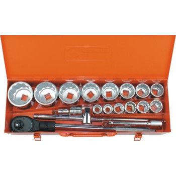 Hylsnyckelsats med spärrskaft och förlängning, metalväska, 3/4", 18st 22-65mm Hylsnyckelsats med spärrskaft och förlängning, metalväska, 3/4", 18st 22-65mm