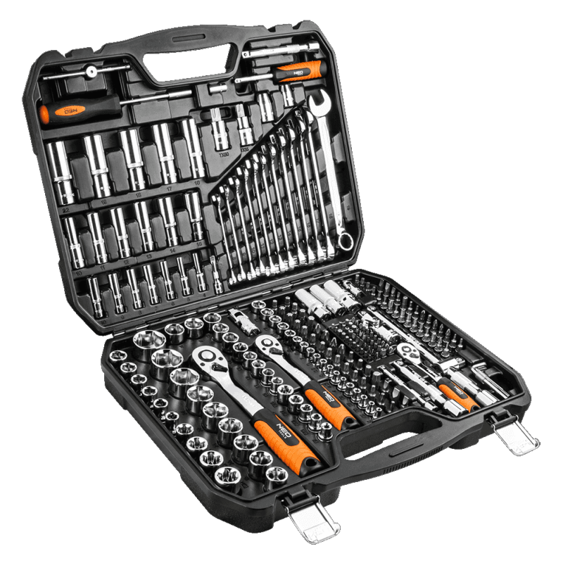 Hylsnyckelsats 219 delar 1/4", 3/8", 1/2" CrV, hylsor, spärrhandtag, blocknycklar, bits m.m. Neo Tools Hylsnyckelsats 219 delar 1/4", 3/8", 1/2" CrV, hylsor, spärrhandtag, blocknycklar, bits m.m. Neo Tools