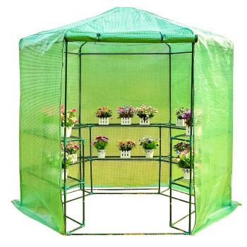 Plastväxthus med hyllor, snygg rund kompaktmodell (sexkantig) diam. 193cm, höjd 225cm grön transparent (odlingstält, växthustält)