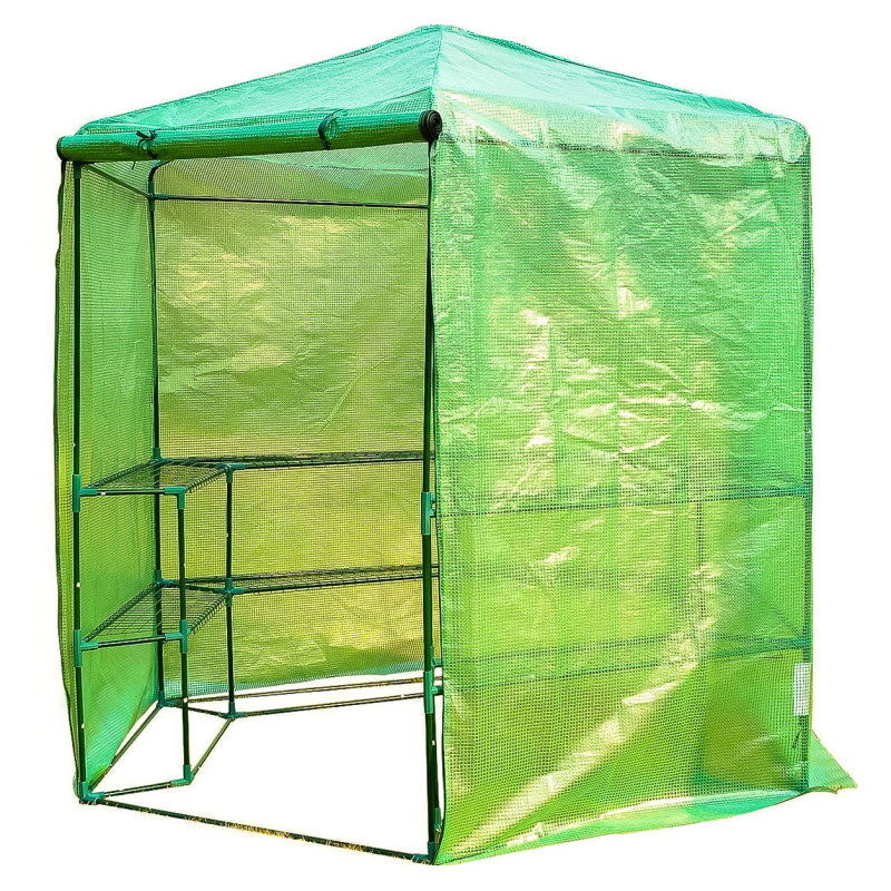 Plastväxthus med hyllor, snygg rund kompaktmodell (sexkantig) diam. 193cm, höjd 225cm grön transparent (odlingstält, växthustält) Plastväxthus med hyllor, snygg rund kompaktmodell (sexkantig) diam. 193cm, höjd 225cm grön transparent (odlingstält, växthustält)