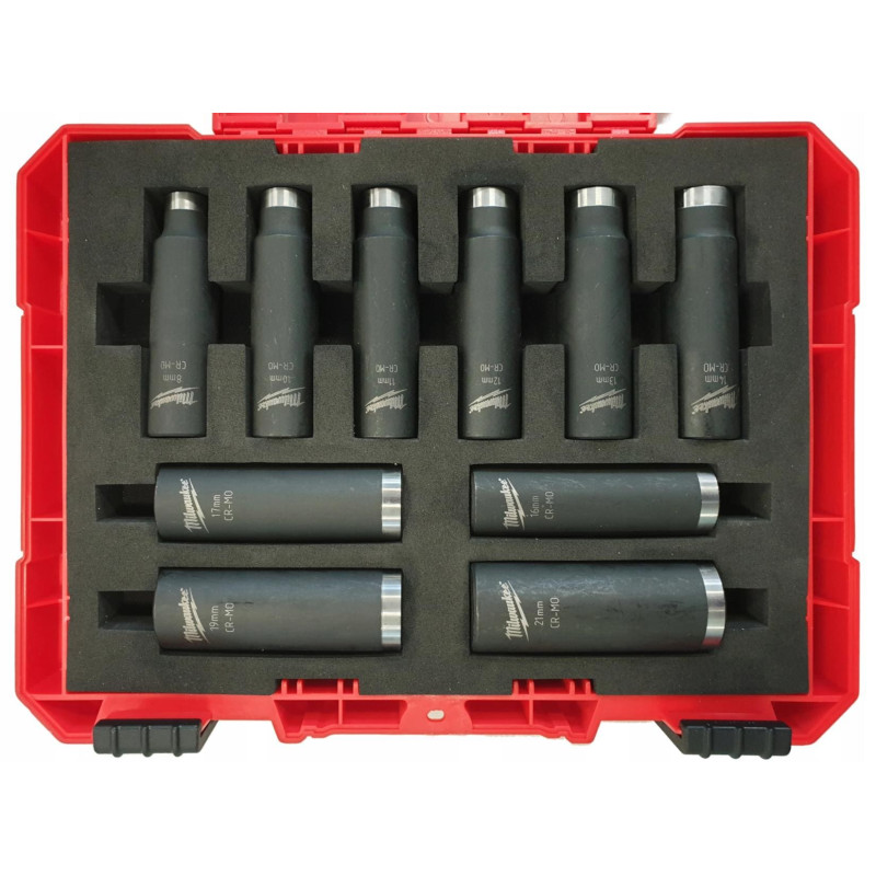 Krafthylsor 1/2" 10st långa hylsor 8-21mm, CRV-MO, plastbox, Milwaukee Krafthylsor 1/2" 10st långa hylsor 8-21mm, CRV-MO, plastbox, Milwaukee