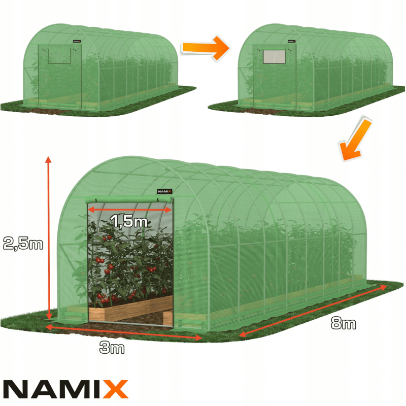 Plastväxthus för året runt utomhusbruk, tunnelväxthus, 2.5m eller 2m högt ,7-30kvm, stål, Namix Greenhouse Plastväxthus för året runt utomhusbruk, tunnelväxthus, 2.5m eller 2m högt ,7-30kvm, stål, Namix Greenhouse