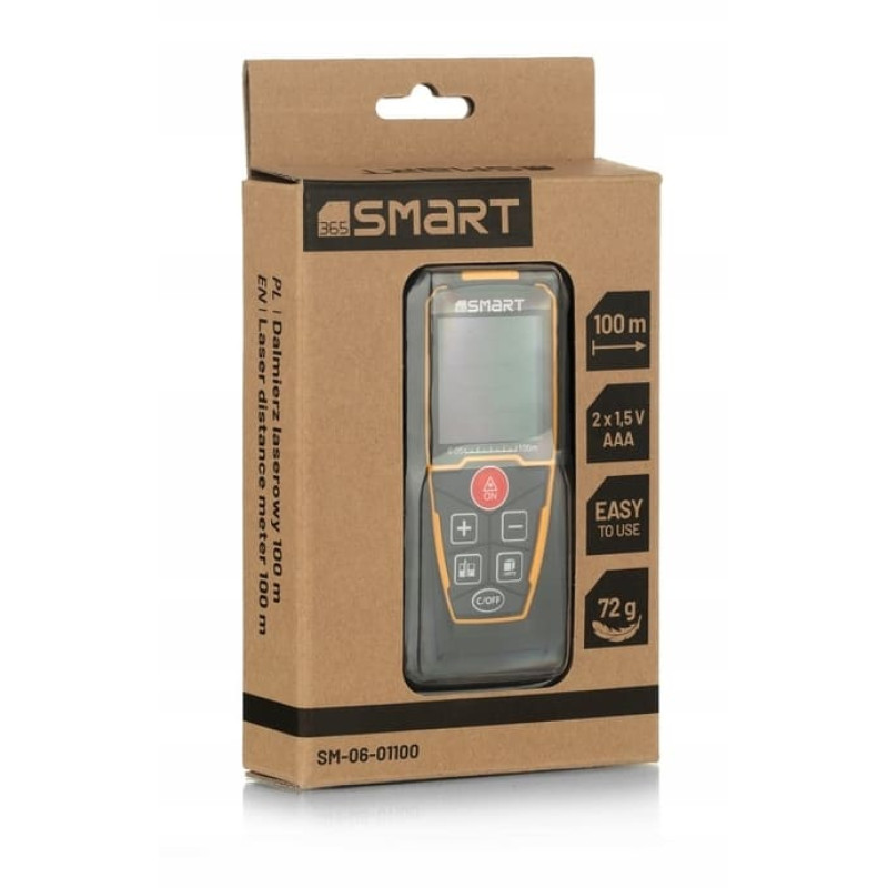 Avståndsmätare laser 100m, +/- 2mm, 72g, tålig, 1/4" fäste, många funktioner, Smart 365